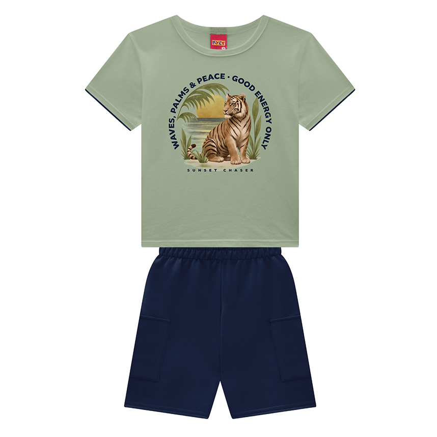 Conjunto Infantil Kyly Camiseta Estampa Tigre e Bermuda