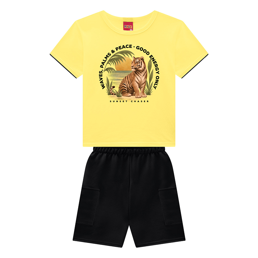Conjunto Infantil Kyly Camiseta Estampa Tigre e Bermuda