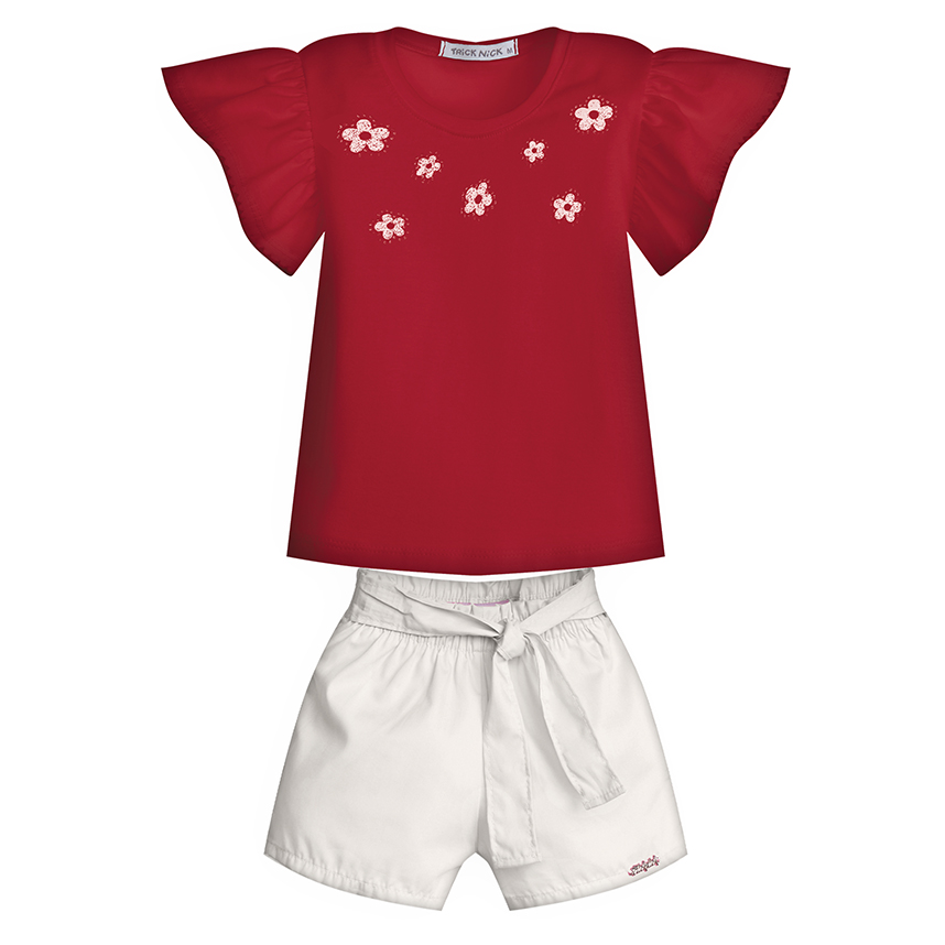 Conjunto Infantil Trick Nick Blusa Bordado Flores E Short