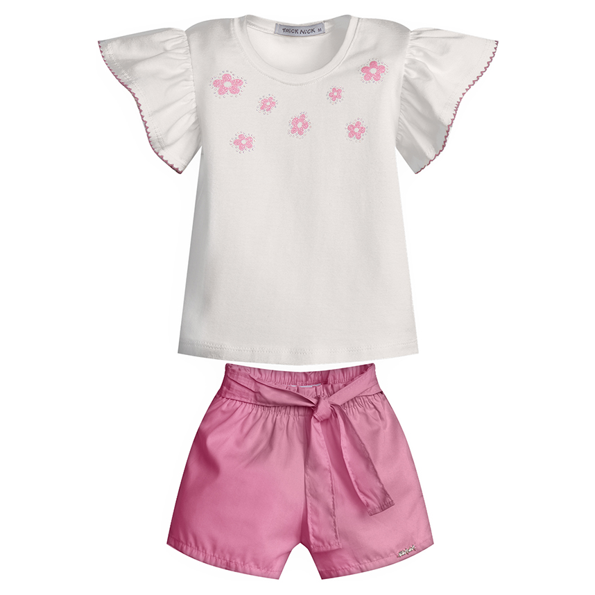 Conjunto Infantil Trick Nick Blusa Bordado Flores E Short