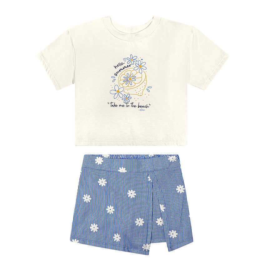 Conjunto Infantil Elian Blusa Estampa Flores e Short Saia