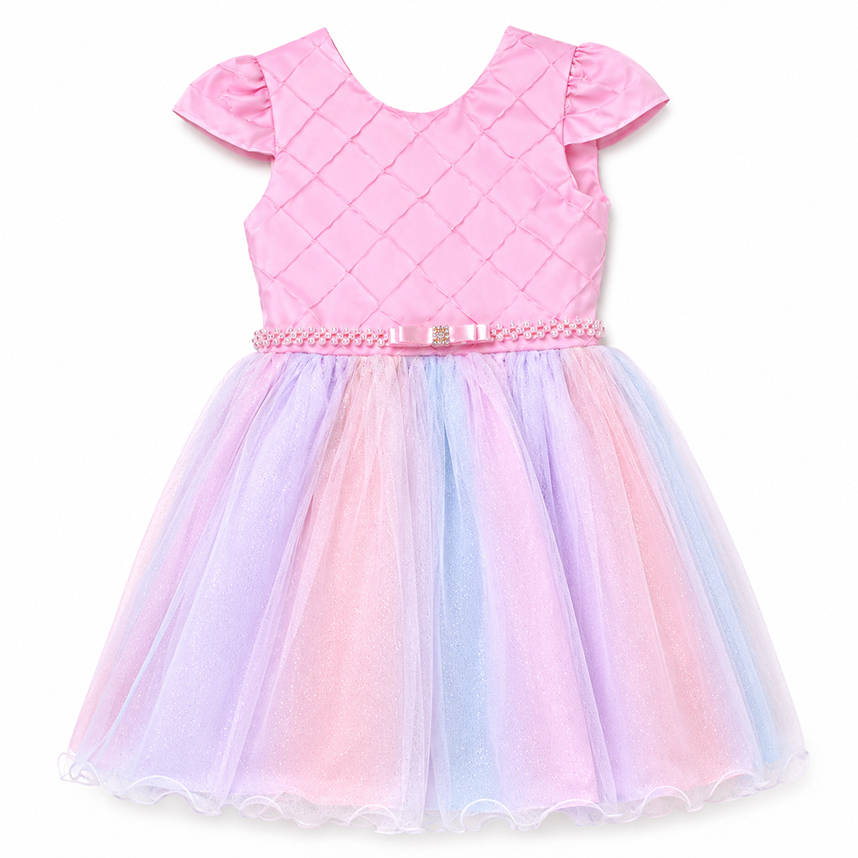 Vestido Infantil Heloísa Manga Curta Nervuras Pala Arco-Íris