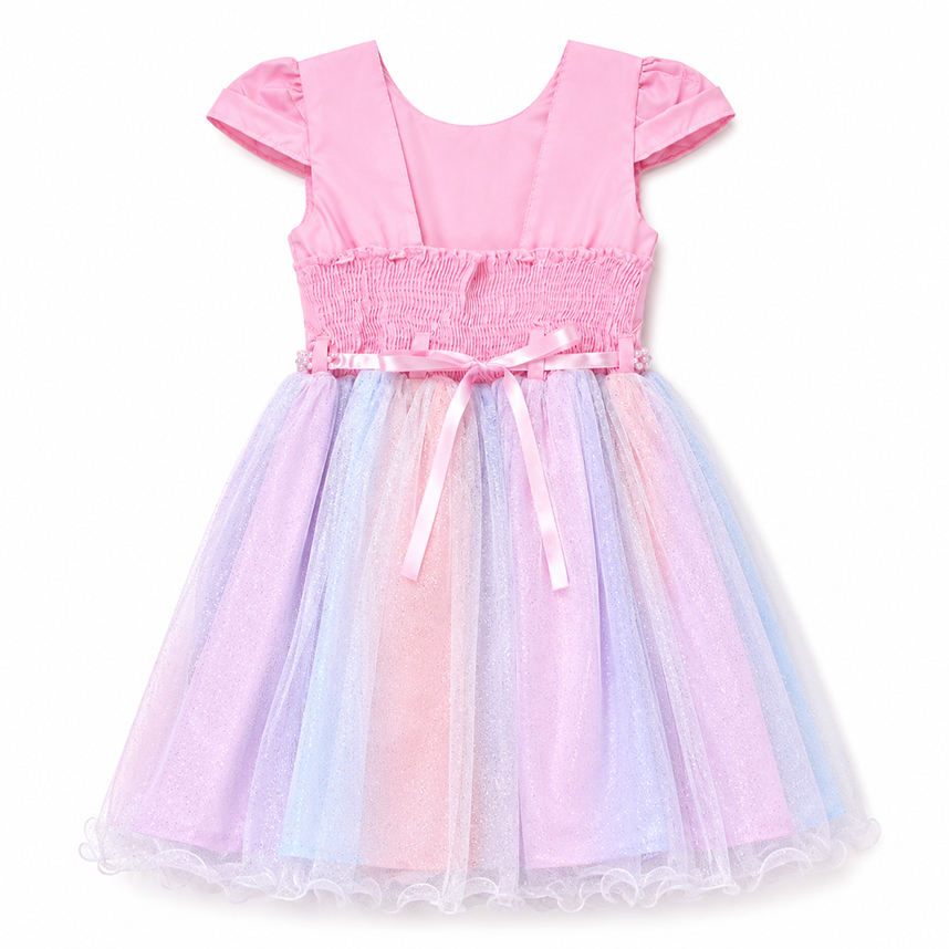 Vestido Infantil Heloísa Manga Curta Nervuras Pala Arco-Íris