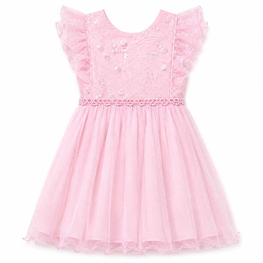 Vestido Infantil Heloísa Cavado Tule Pala Bordada Pérolas