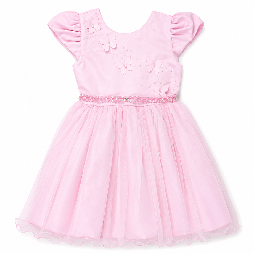 Vestido Infantil Heloísa Manga Curta Borboletas com Strass