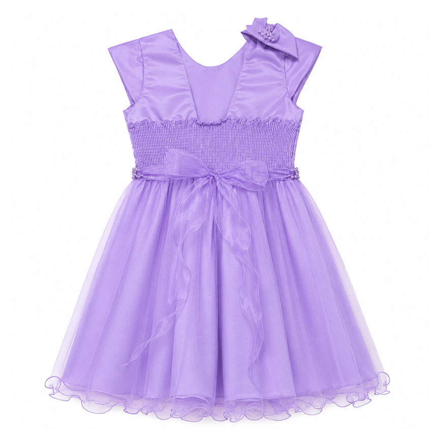 Vestido Infantil Heloísa Manga Curta Laço Ombro Pérolas