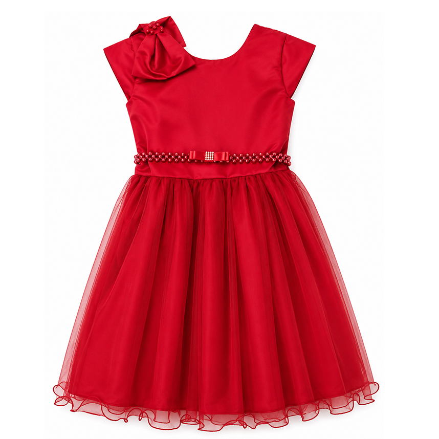 Vestido Infantil Heloísa Manga Curta Laço Ombro Pérolas
