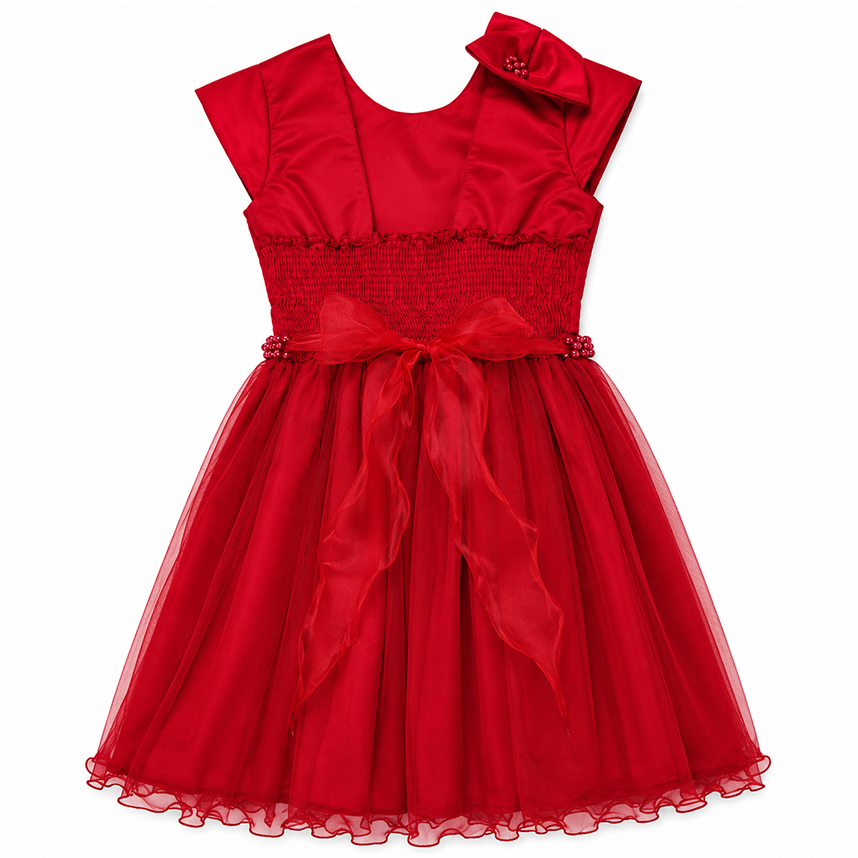 Vestido Infantil Heloísa Manga Curta Laço Ombro Pérolas