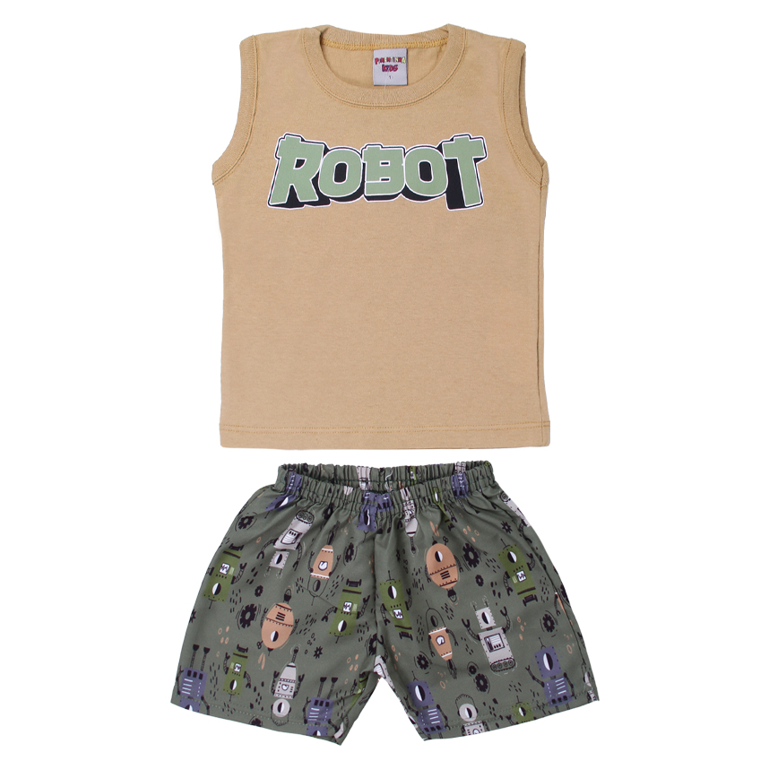 Conjunto Infantil Pimentinha Regata Estampa Robot e Bermuda