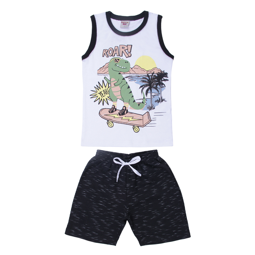 Conjunto Infantil Pimentinha Regata Dino Skate e Bermuda