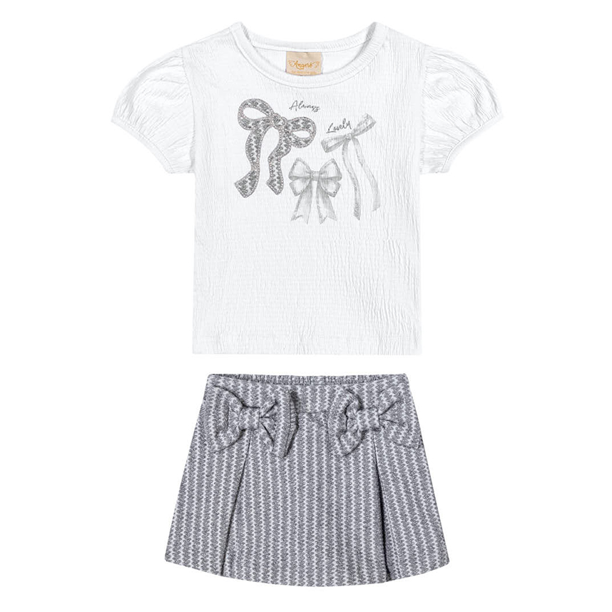 Conjunto Bebê Angero Blusa Estampa Laço e Short Saia