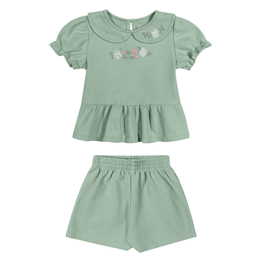 Conjunto Bebê Angero Blusa Gola Aplique Flores e Short