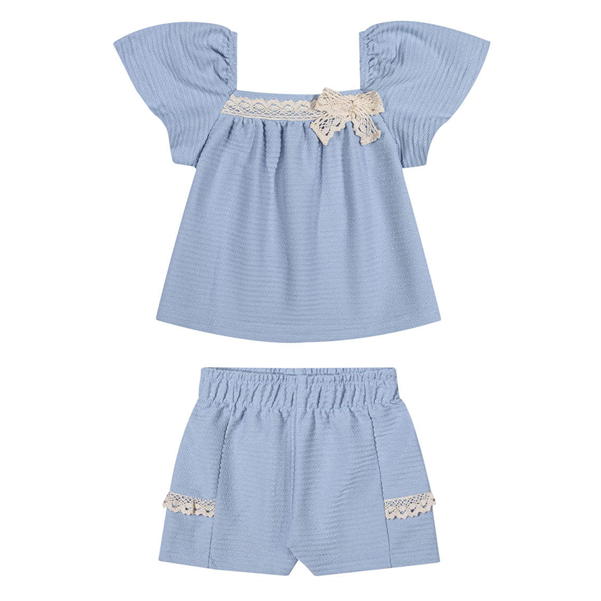 Conjunto Infantil Angerô Blusa Listrada Aplique Laço e Short