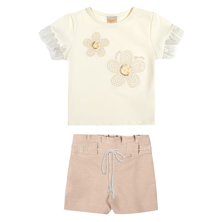Conjunto Infantil Angerô Blusa Bordado Flores e Short
