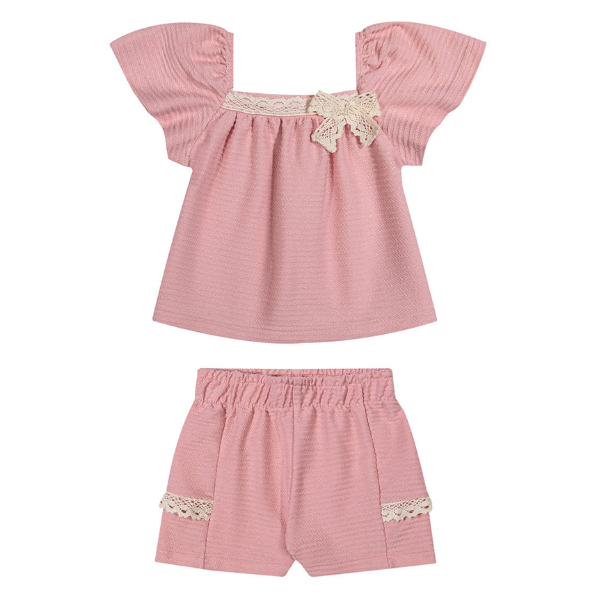 Conjunto Infantil Angerô Blusa Listrada Aplique Laço e Short Conjunto Infantil Angerô Blusa Listrada Aplique Laço e Short