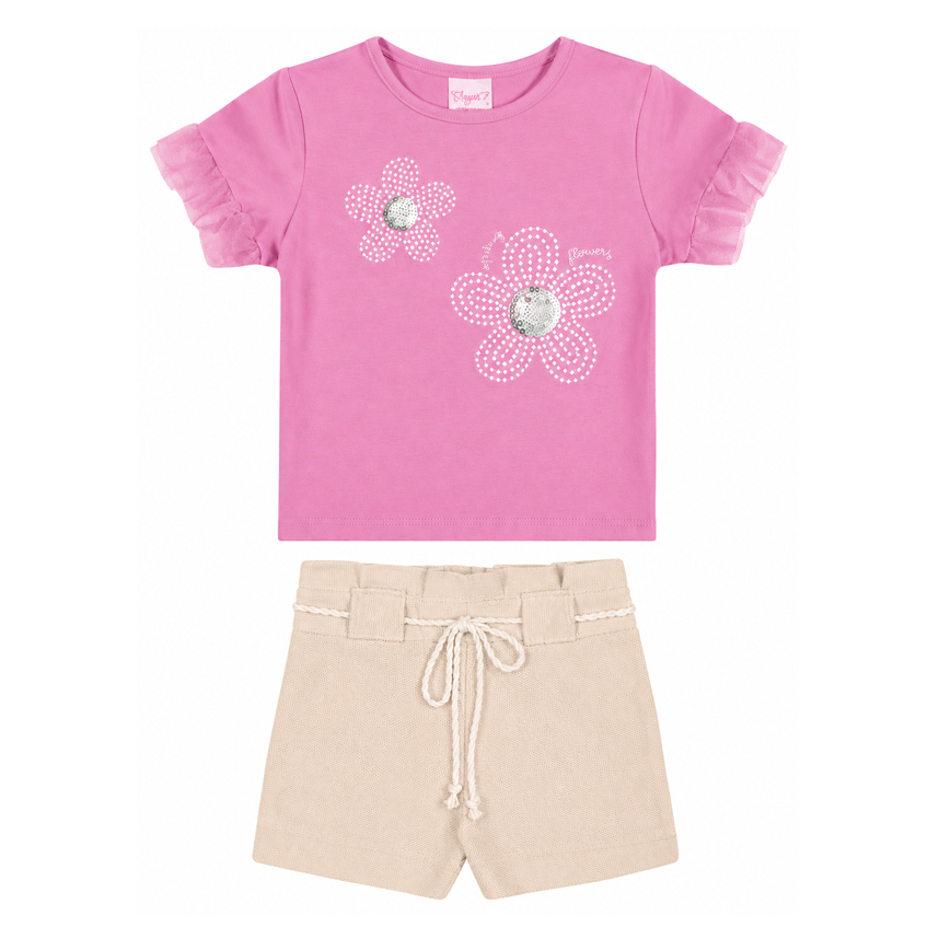 Conjunto Infantil Angerô Blusa Bordado Flores e Short Conjunto Infantil Angerô Blusa Bordado Flores e Short