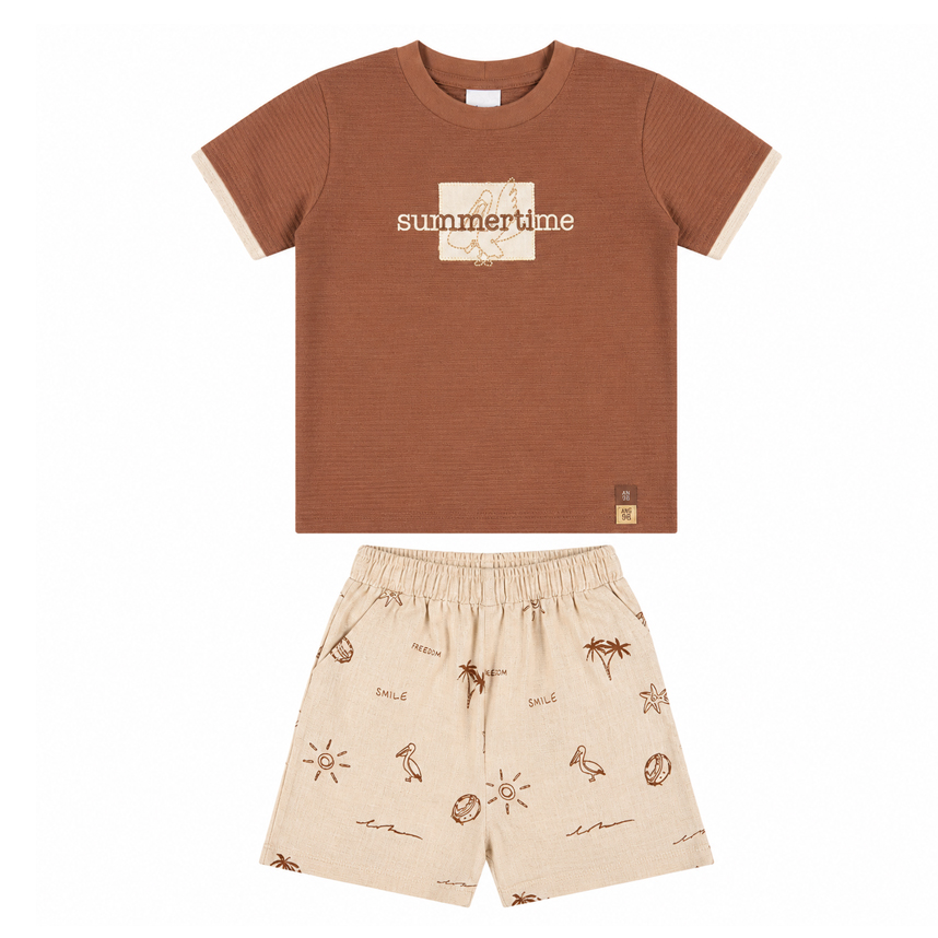 Conjunto Infantil Angerô Camiseta Bordado Summer e Bermuda Conjunto Infantil Angerô Camiseta Bordado Summer e Bermuda