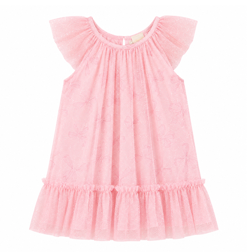 Vestido Infantil Angerô Estampa Laço com Tule e Gliter