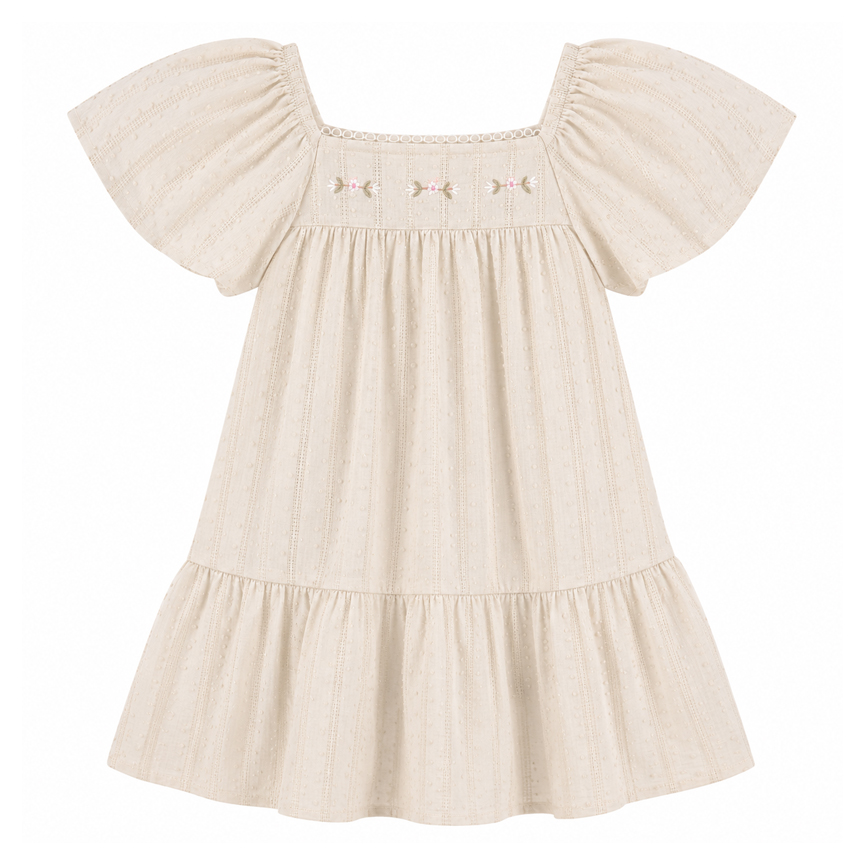 Vestido Infantil Angerô Manga Curta Bordado Flores