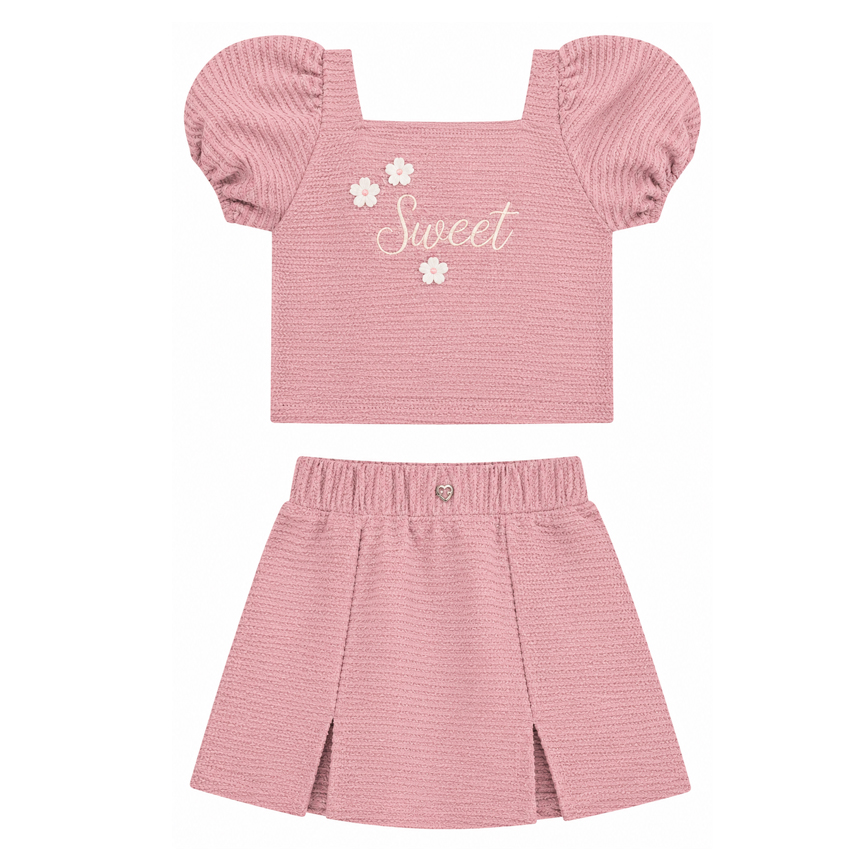 Conjunto Infantil Angerô Blusa Bordado Flor e Short Saia