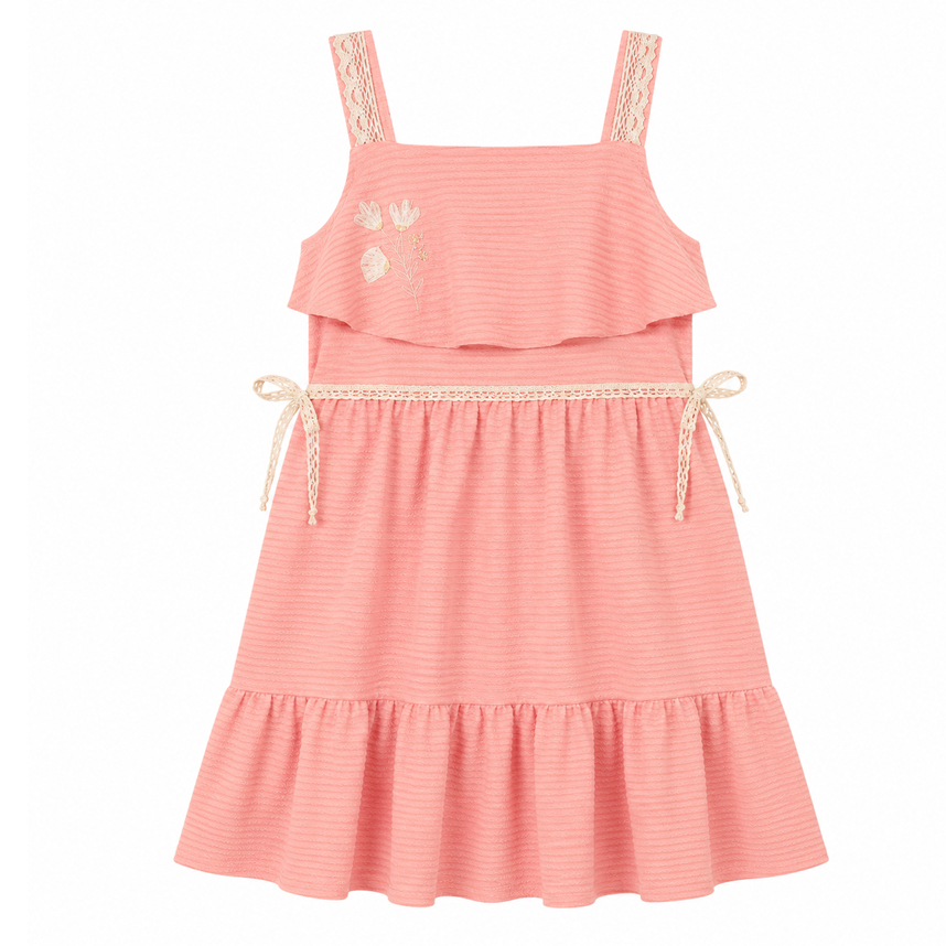 Vestido Juvenil Angerô Alça com Renda e Bordado Flores