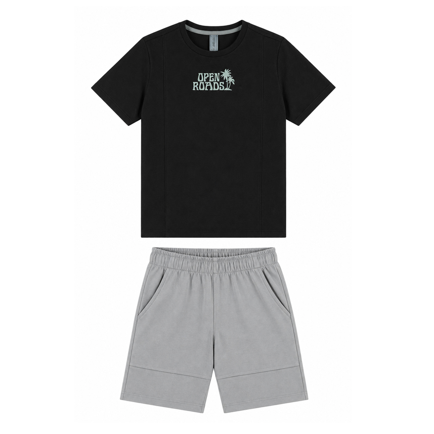 Conjunto Juvenil Angerô Camiseta Estampa Open e Bermuda