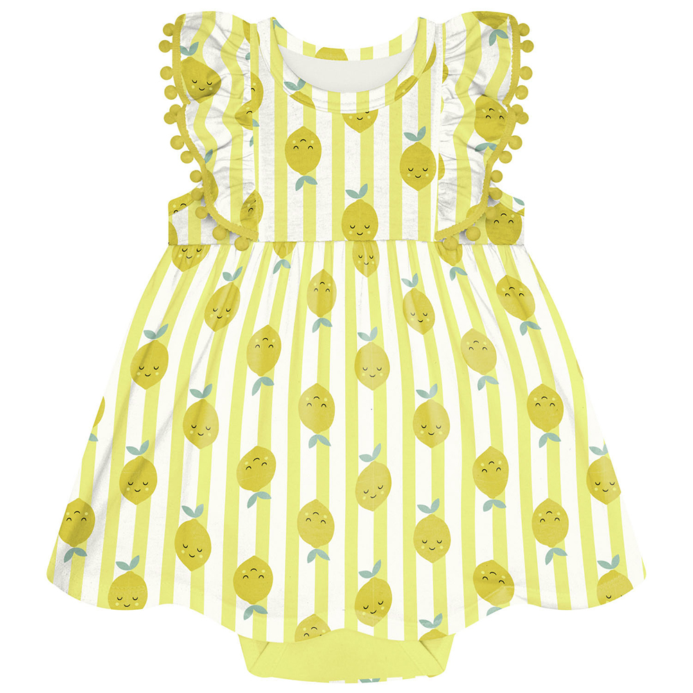 Vestido Bebê Kyly Manga Curta Estampa Listras e Frutinhas