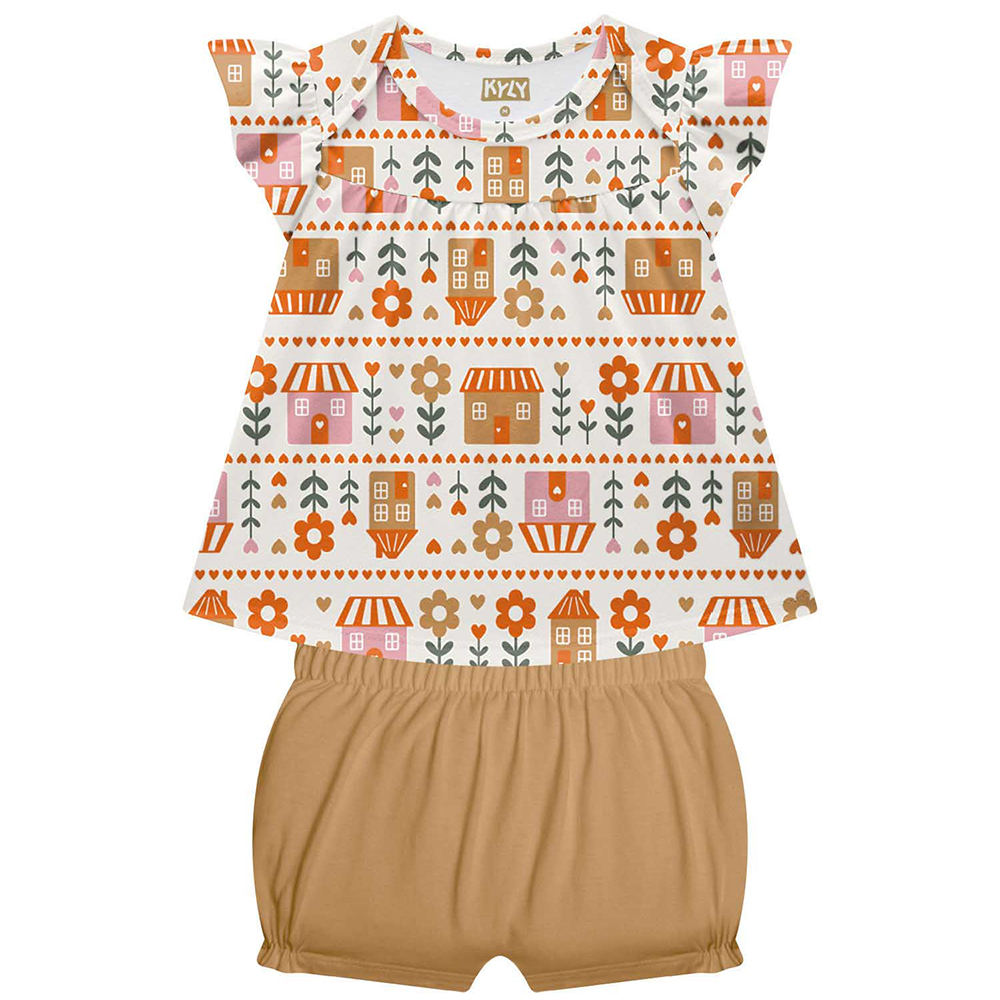 Conjunto Bebê Kyly Blusa Estampa Casinha Flores e Short