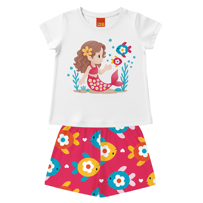 Conjunto Bebê Kyly Blusa Manga Curta Estampa Sereia e Short