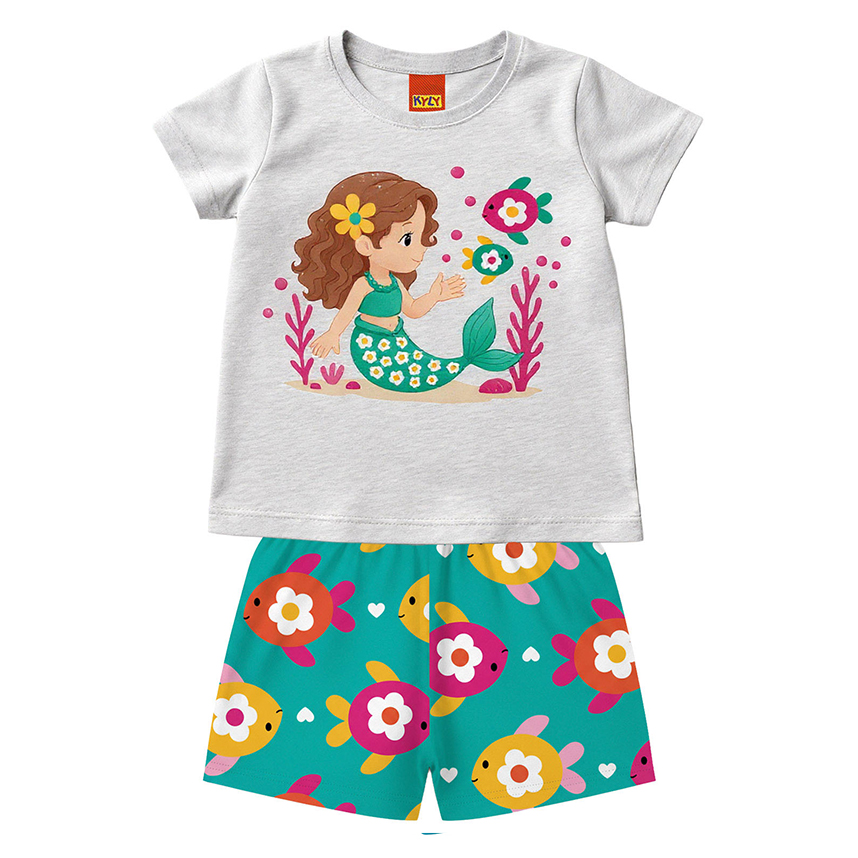 Conjunto Bebê Kyly Blusa Manga Curta Estampa Sereia e Short Conjunto Bebê Kyly Blusa Manga Curta Estampa Sereia e Short
