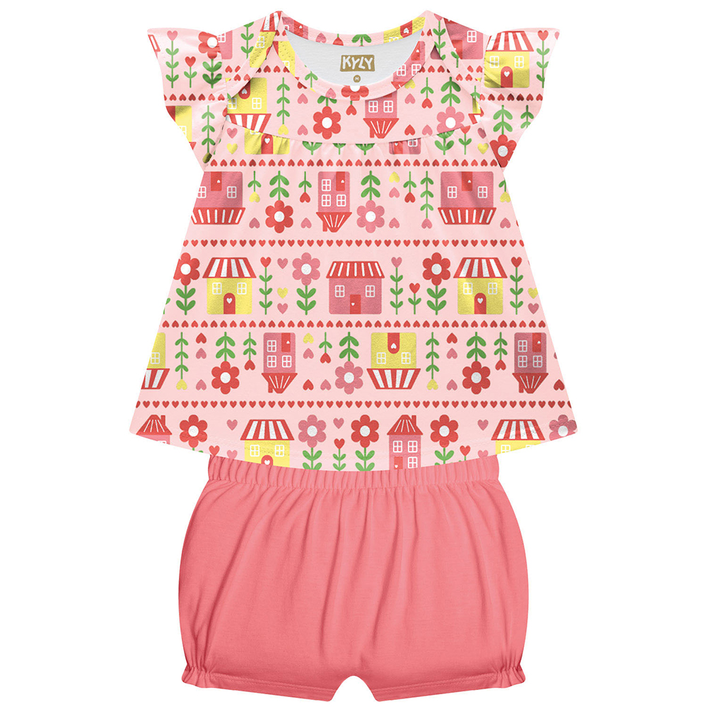 Conjunto Bebê Kyly Blusa Estampa Casinha Flores e Short