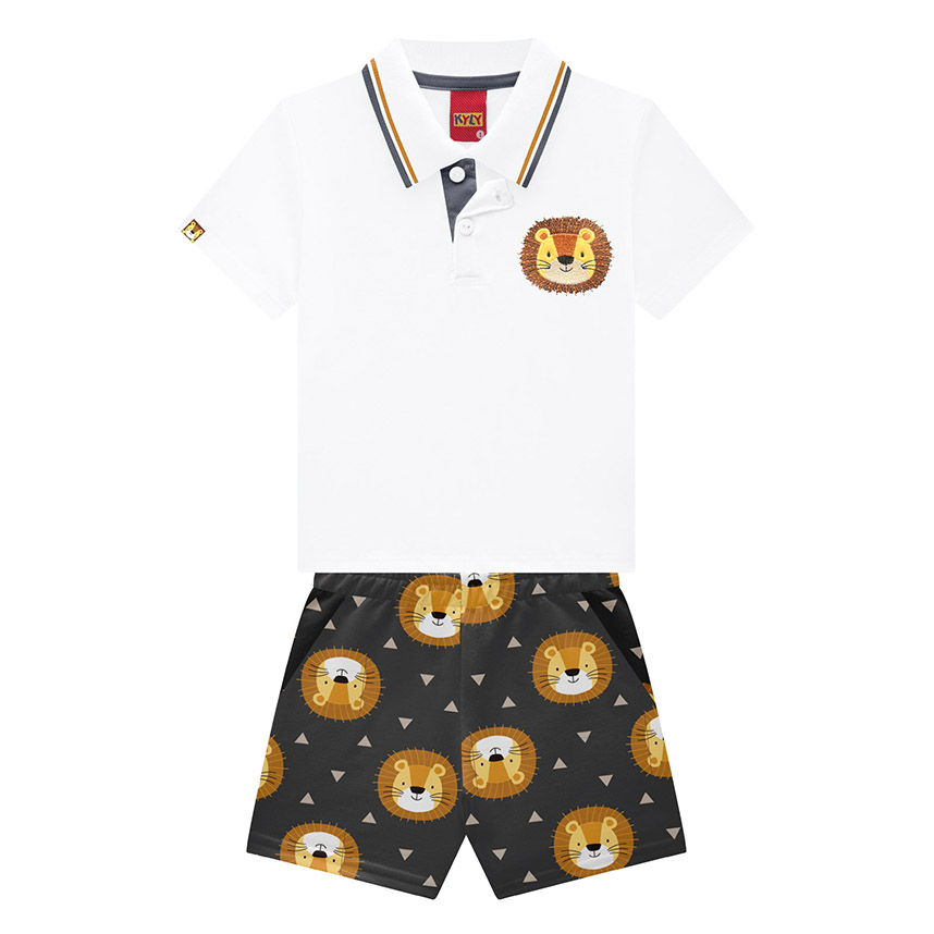 Conjunto Bebê Kyly Camiseta Gola Polo Aplique Leão e Bermuda