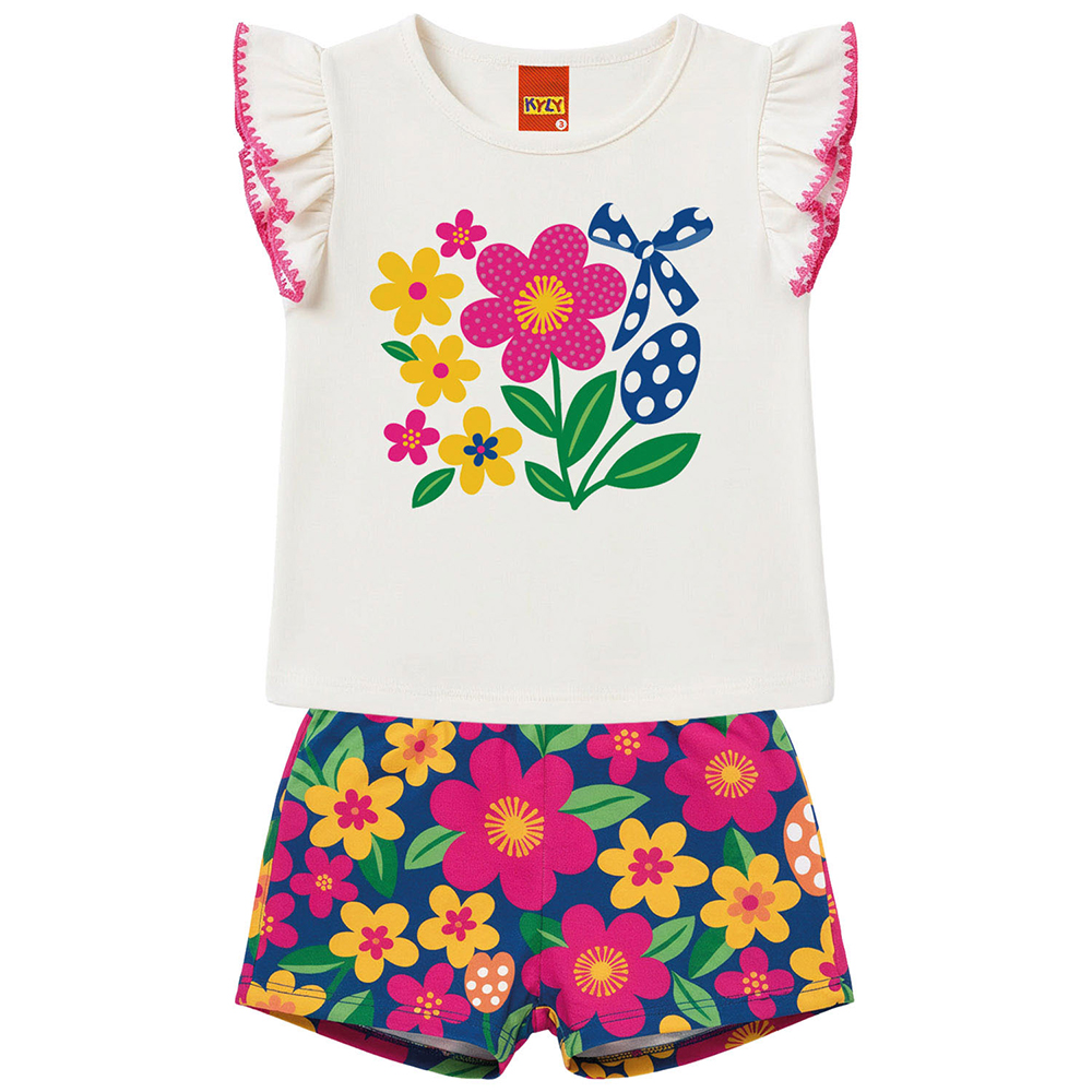 Conjunto Infantil Kyly Estampa Flor com Strass e Short