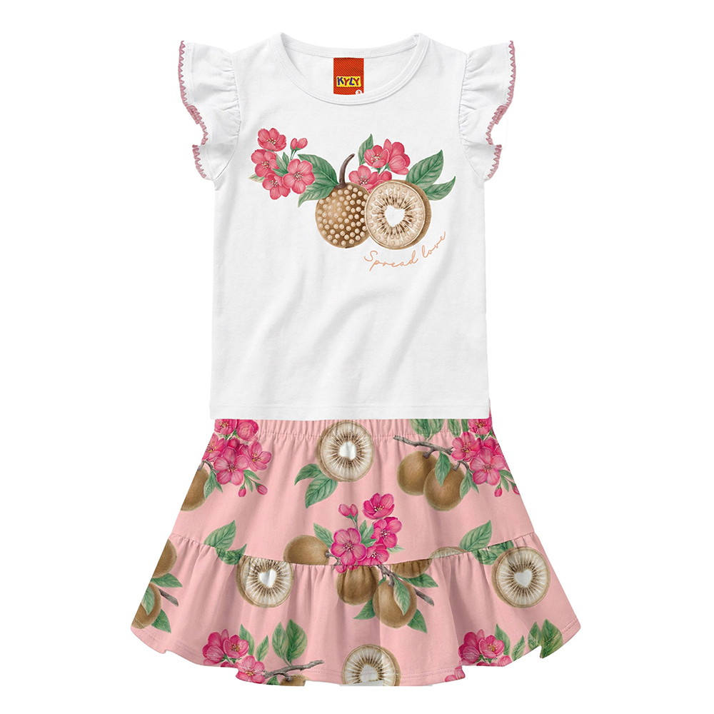 Conjunto Infantil Kyly Blusa Estampa Frutas e Short Saia