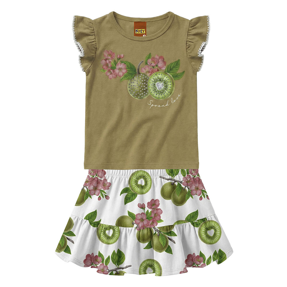Conjunto Infantil Kyly Blusa Estampa Frutas e Short Saia