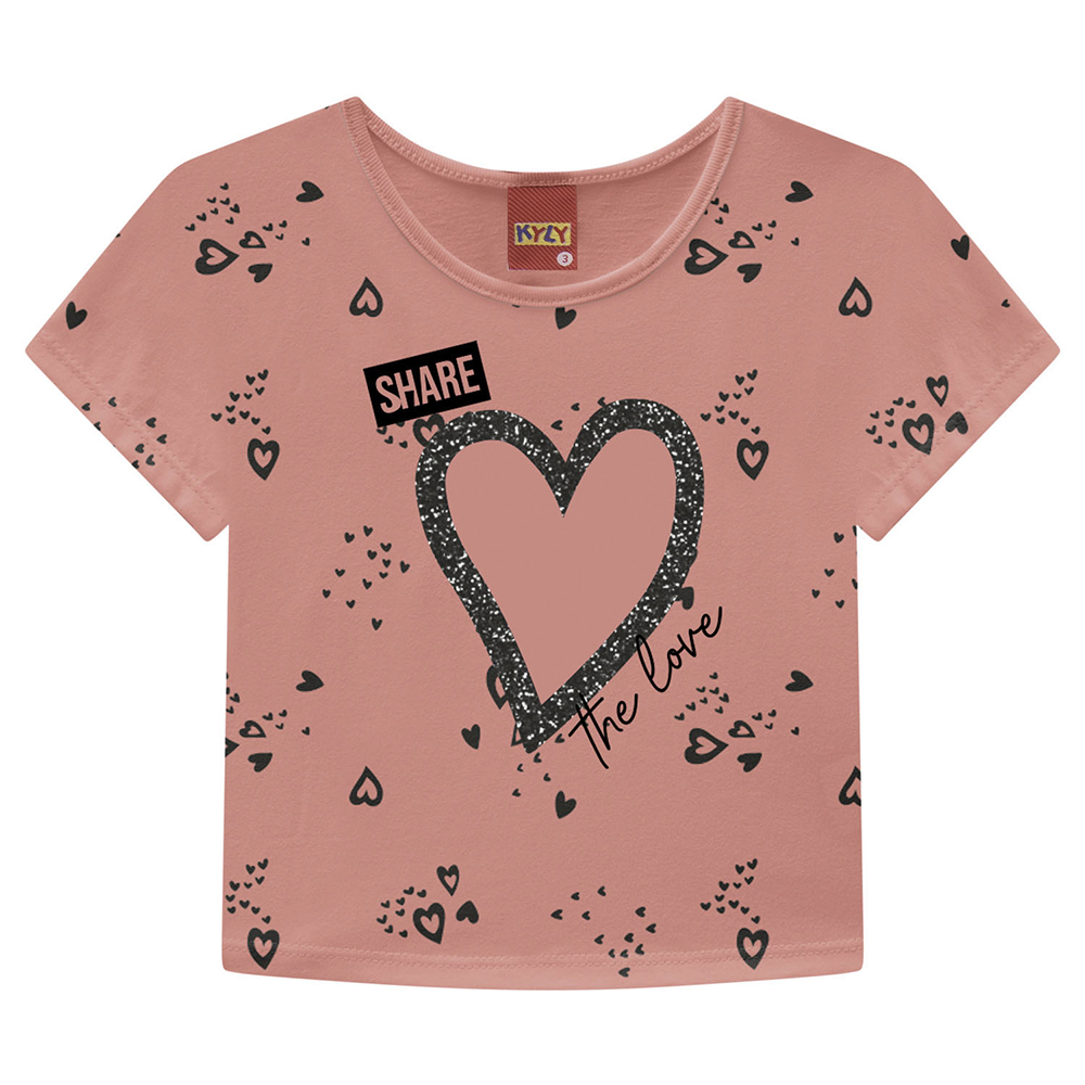 Blusa Juvenil Kyly Manga Curta Estampa Coração