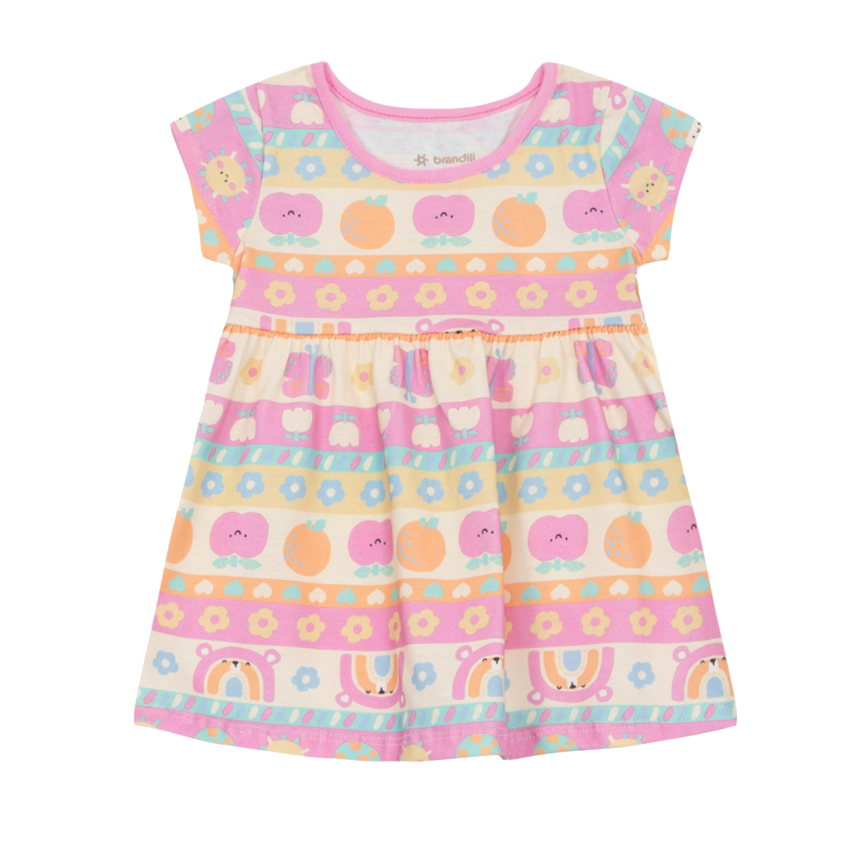 Vestido Bebê Brandili Manga Curta Estampa Frutas e Bichos