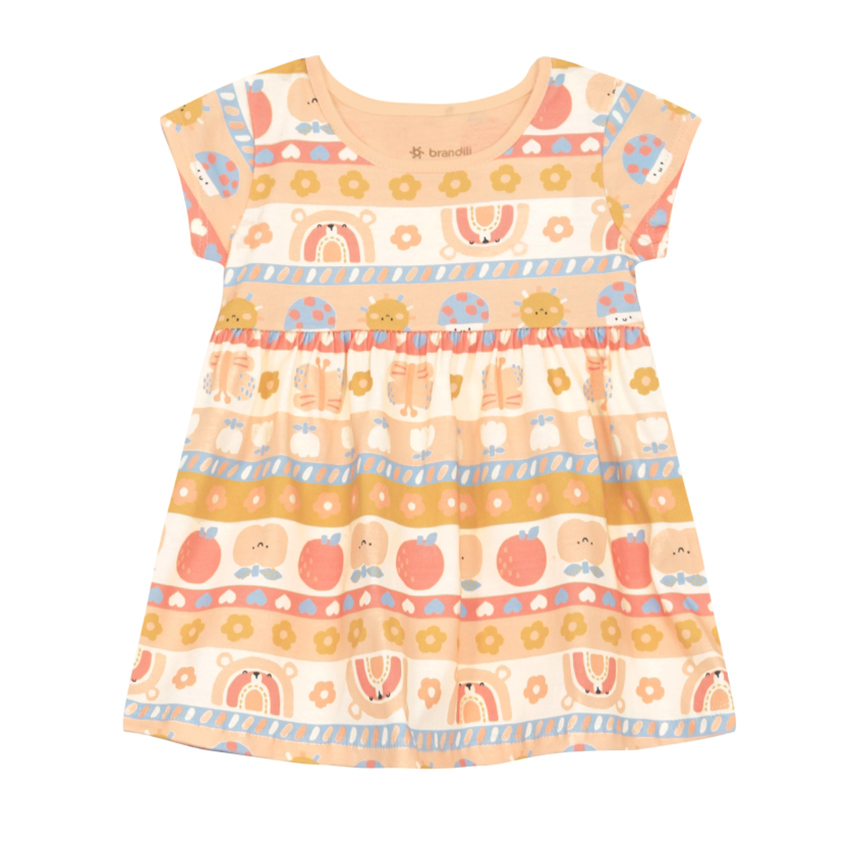 Vestido Bebê Brandili Manga Curta Estampa Frutas e Bichos Vestido Bebê Brandili Manga Curta Estampa Frutas e Bichos