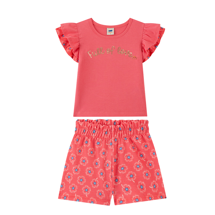 Conjunto Bebê Marlan Blusa Com Babado E Short Estampa Flor