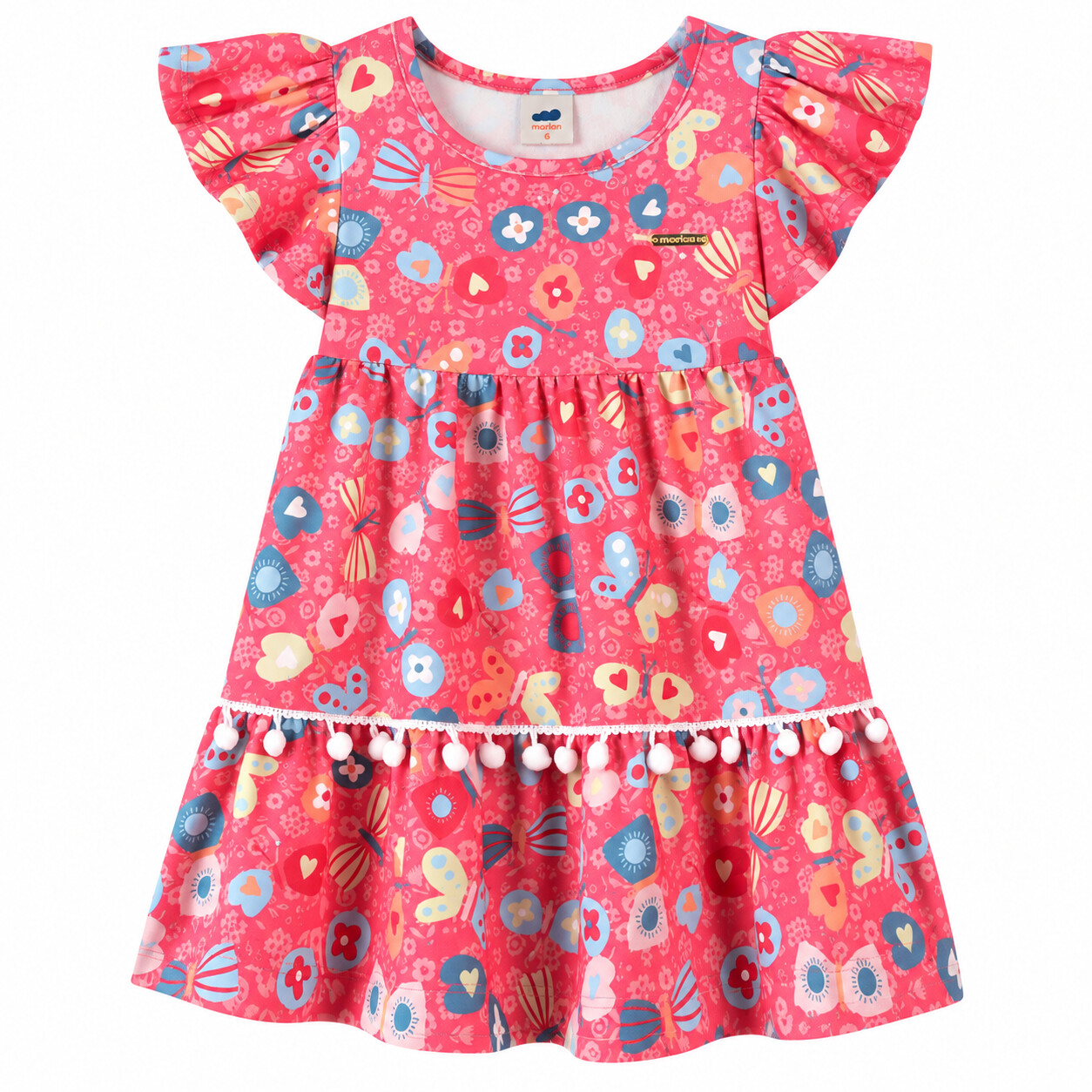 Vestido Bebê Marlan Estampa Borboletas Detalhe Pompom