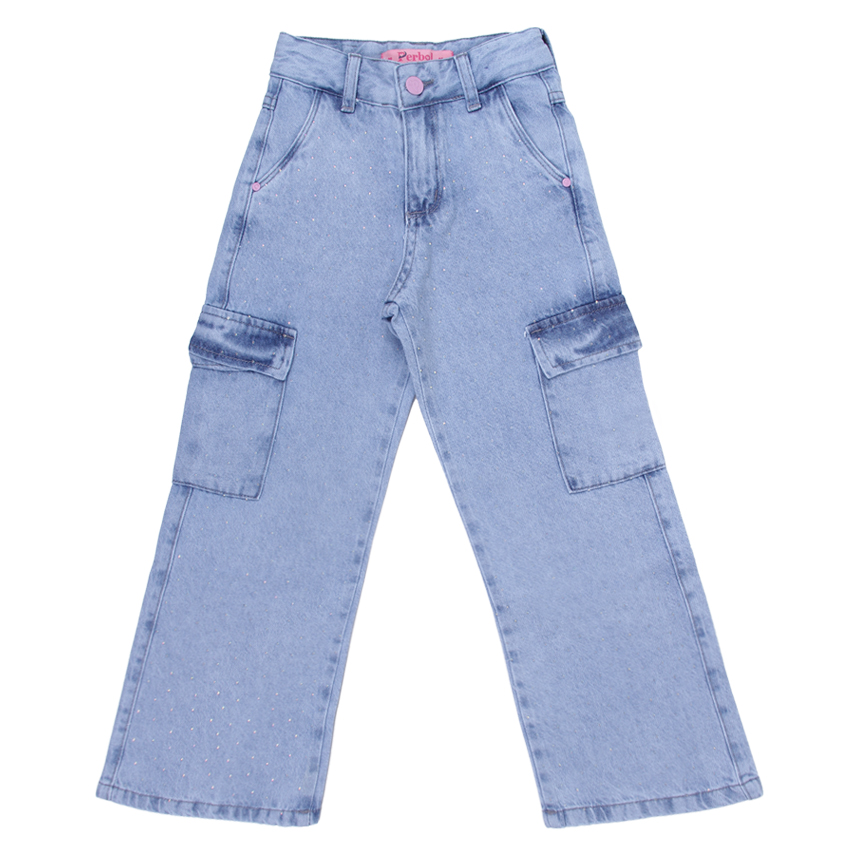 Calça Jeans Infantil Perbol Feminina Wide Cargo Strass