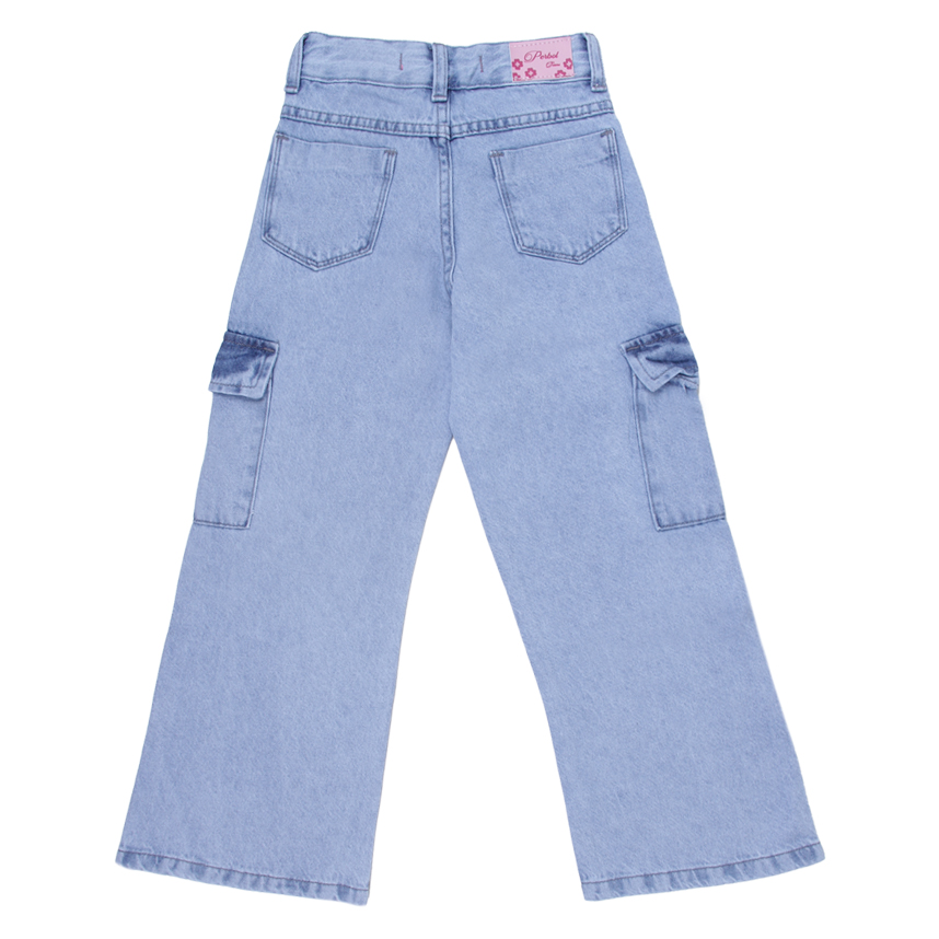 Calça Jeans Infantil Perbol Feminina Wide Cargo Strass