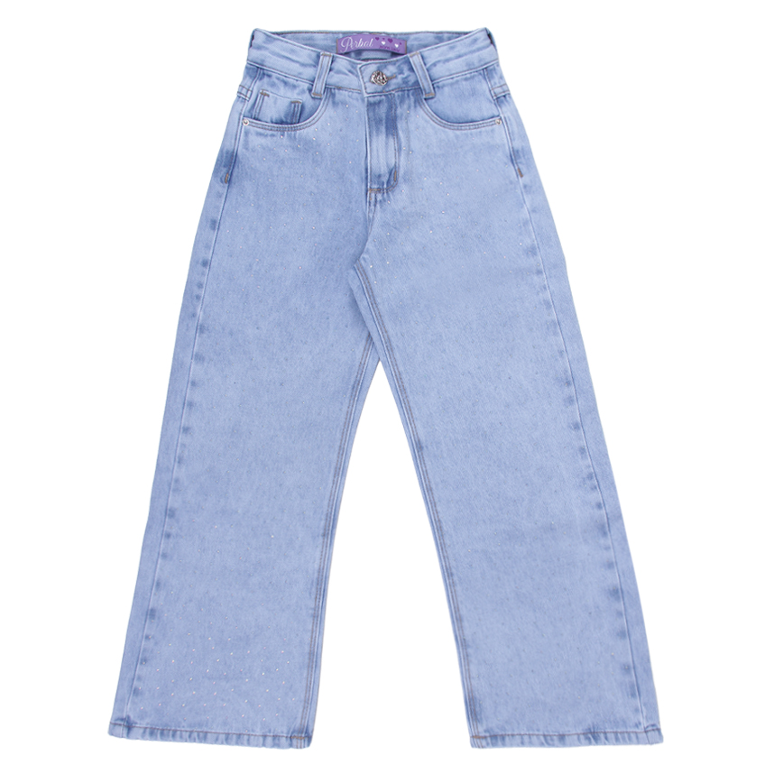 Calça Jeans Claro Infantil Perbol Feminina Wide Strass