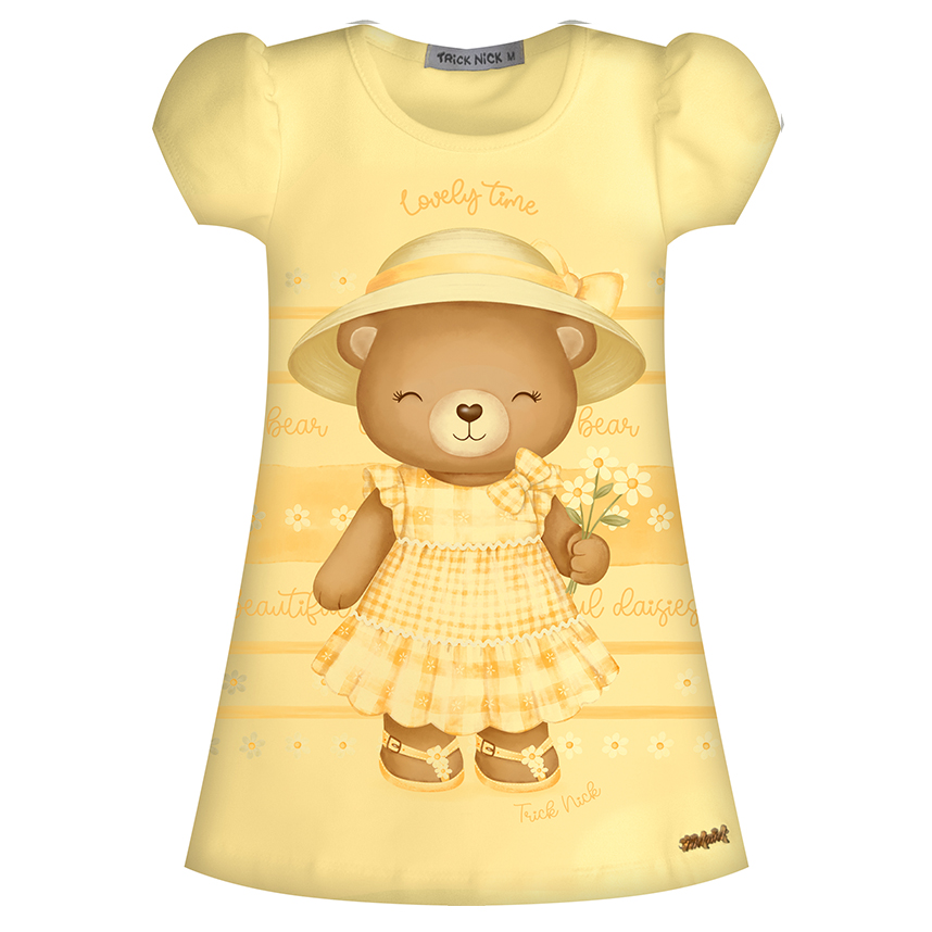 Vestido Infantil Trick Nick Manga Curta Estampa Ursa