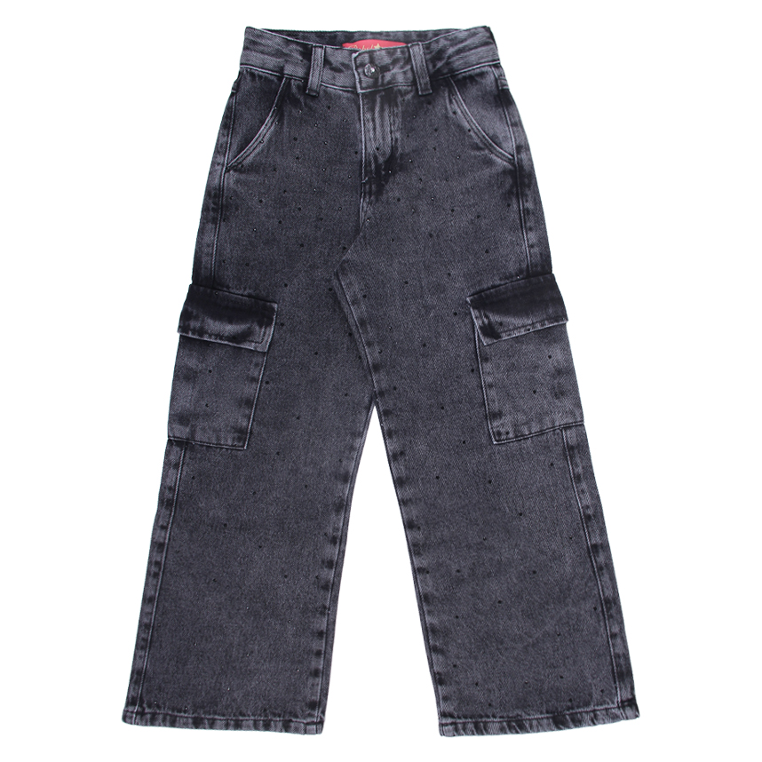 Calça Jeans Juvenil Perbol Feminina Wide Cargo Com Strass