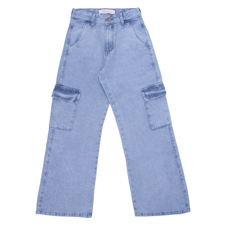 Calça Jeans Juvenil Perbol Feminina Wide Cargo Strass