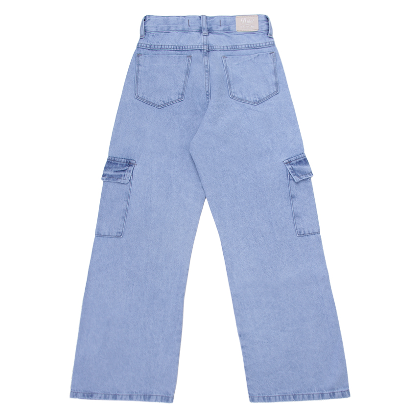 Calça Jeans Juvenil Perbol Feminina Wide Cargo Strass