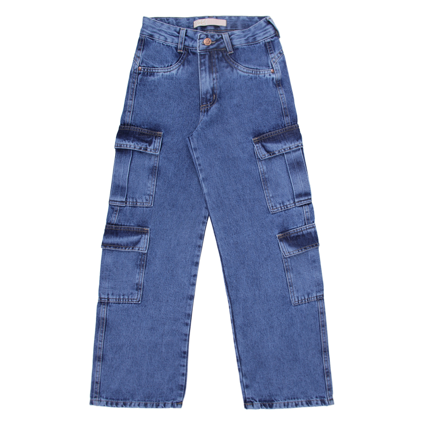 Calça Jeans Juvenil Perbol Wide Cargo Detalhe Dois Bolsos