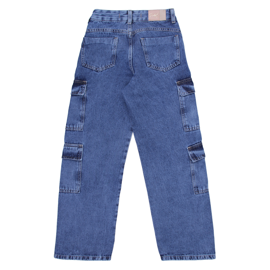 Calça Jeans Juvenil Perbol Wide Cargo Detalhe Dois Bolsos