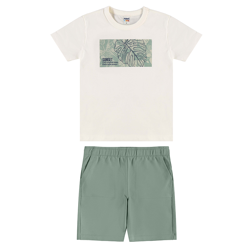 Conjunto Infantil Trick Nick Camiseta Estampa Folha e Bermuda